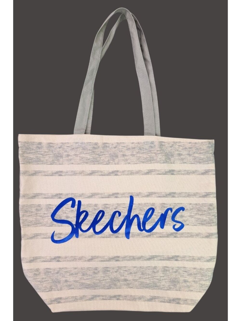 Skechers Striped Canvas Tote Bag Canvas Inner Pocket Blue White Grey Cotton New